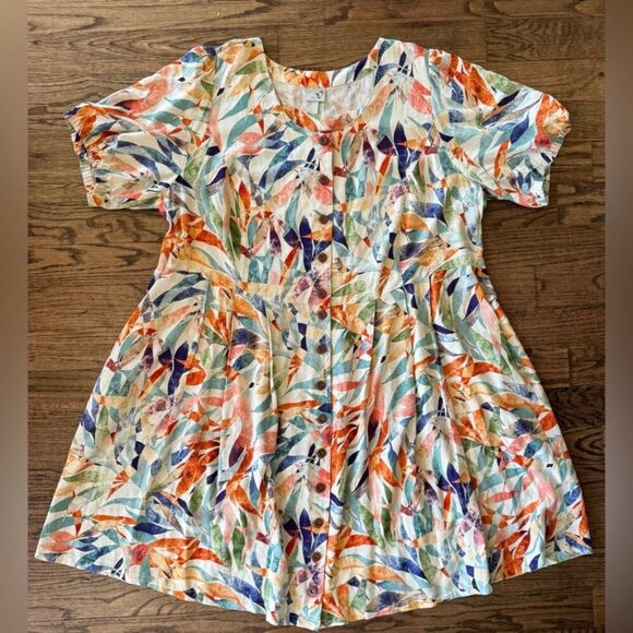 Ulla Popken Von Landen Watercolor Floral Button Front Dress 30 Linen wedding - Picture 5 of 14